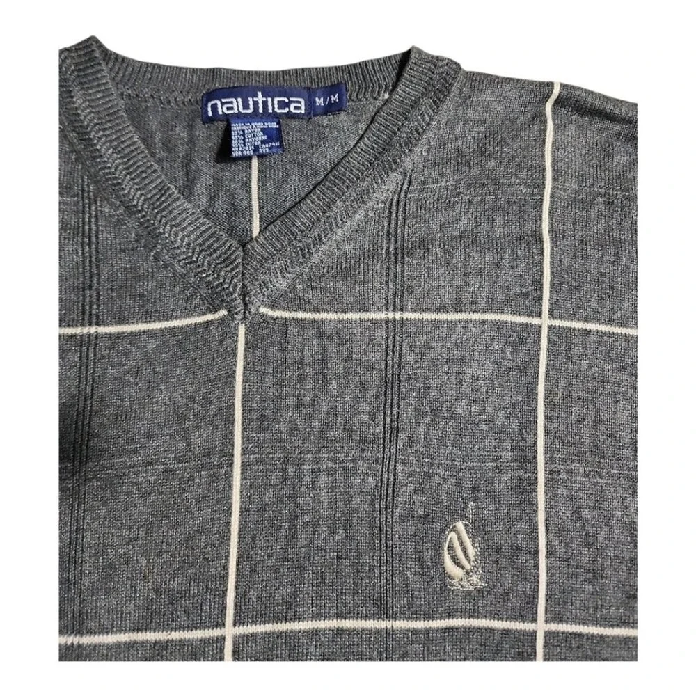 Nautica V-Neck Sweater Mens M Grey Windowpane Grid Preppy Classic Casual